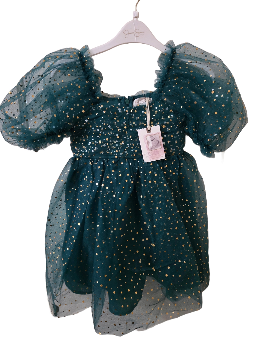 Jessica Simpson Teal Green Puff Sleeve Tulle Dress with Gold Dots